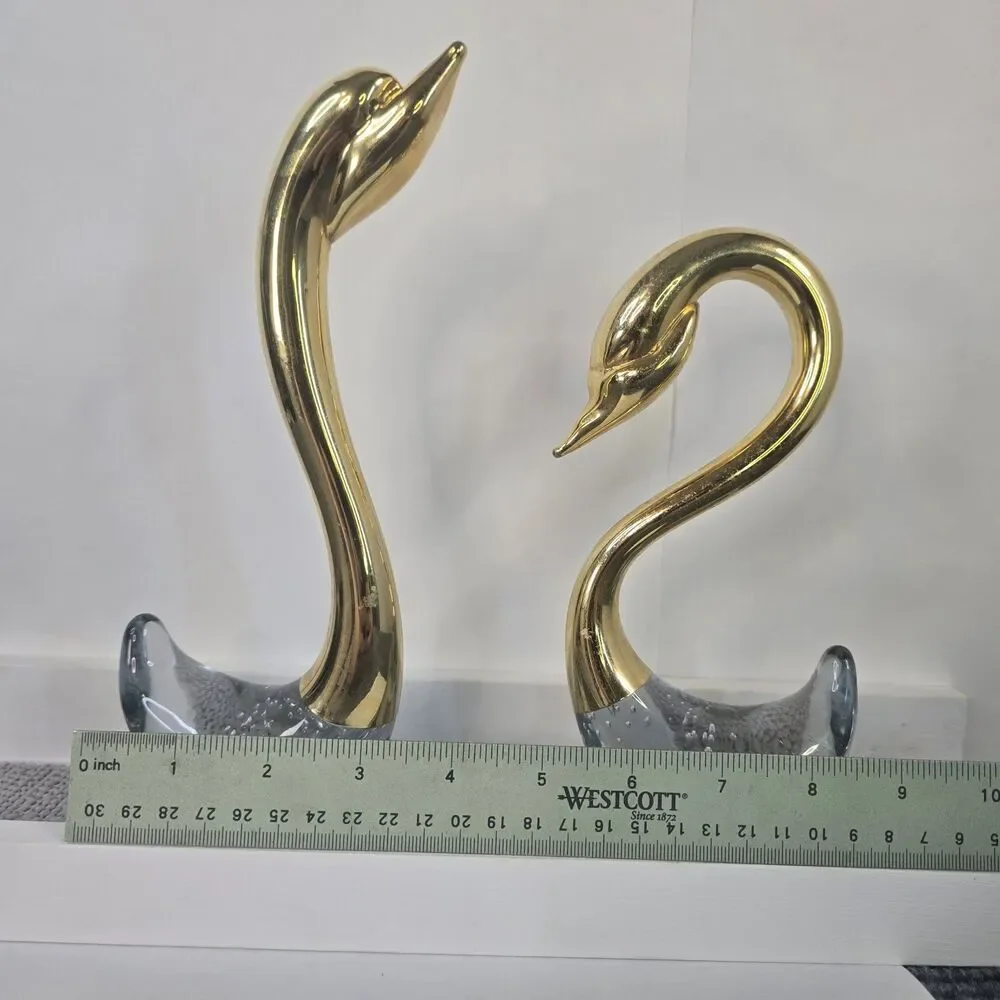 Set of 2 Glass and Brass Swan Figurines Vintage Decoration